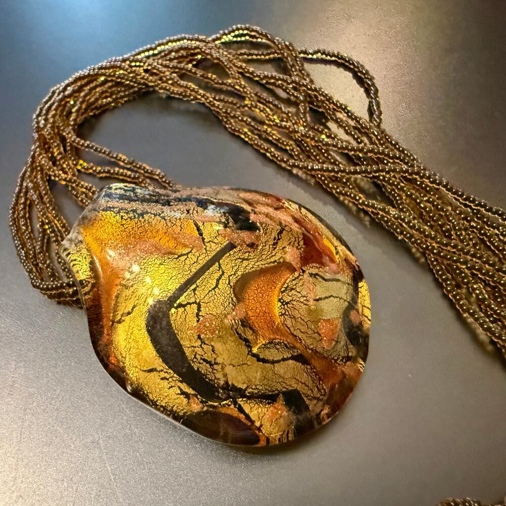 🎉HP!🎉Authentic Murano Stamped Gold Black Amber Glass Pendant - Picture 4 of 8
